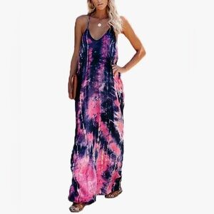 Poetsky Beach Sundress Maxi Dress Casual Flowy Loose tie dye small